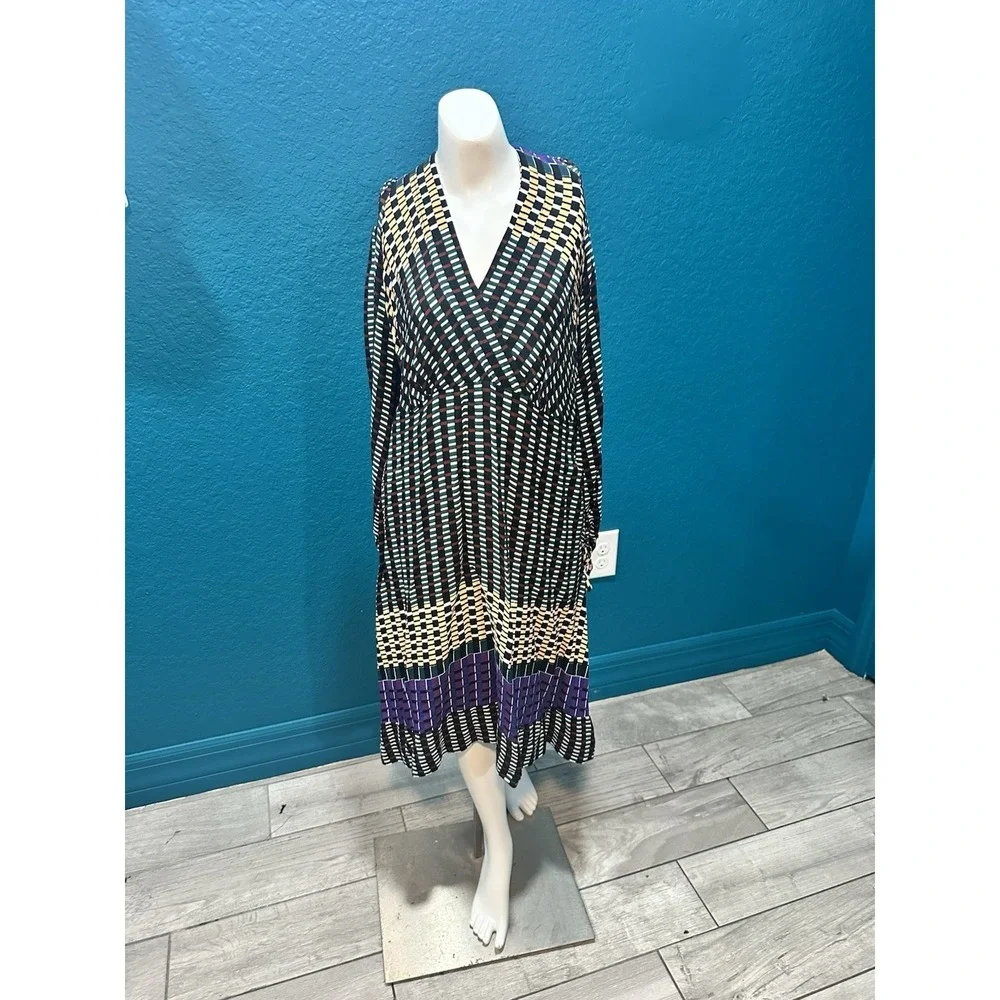 Anthropologie Gianna Geometric Long Sleeve Faux Wrap Dress 4 Boho‎